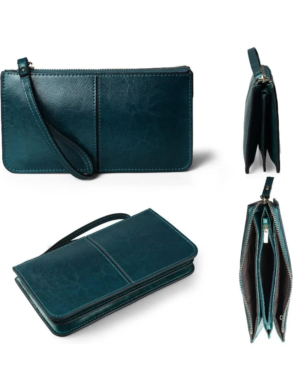 Women's Peacock Green Leather Wristlet Clutch Wallet redit Card Holder Purse